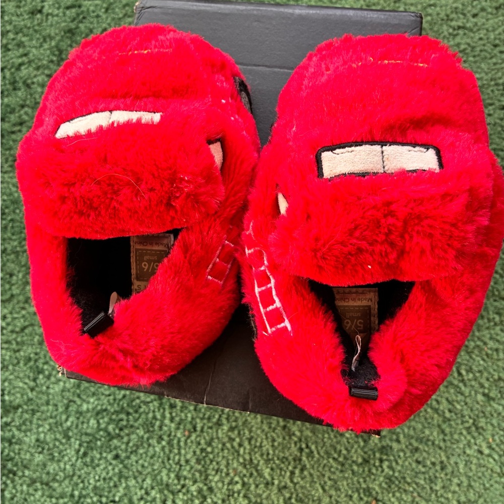 Red Plush Car-Themed Slippers